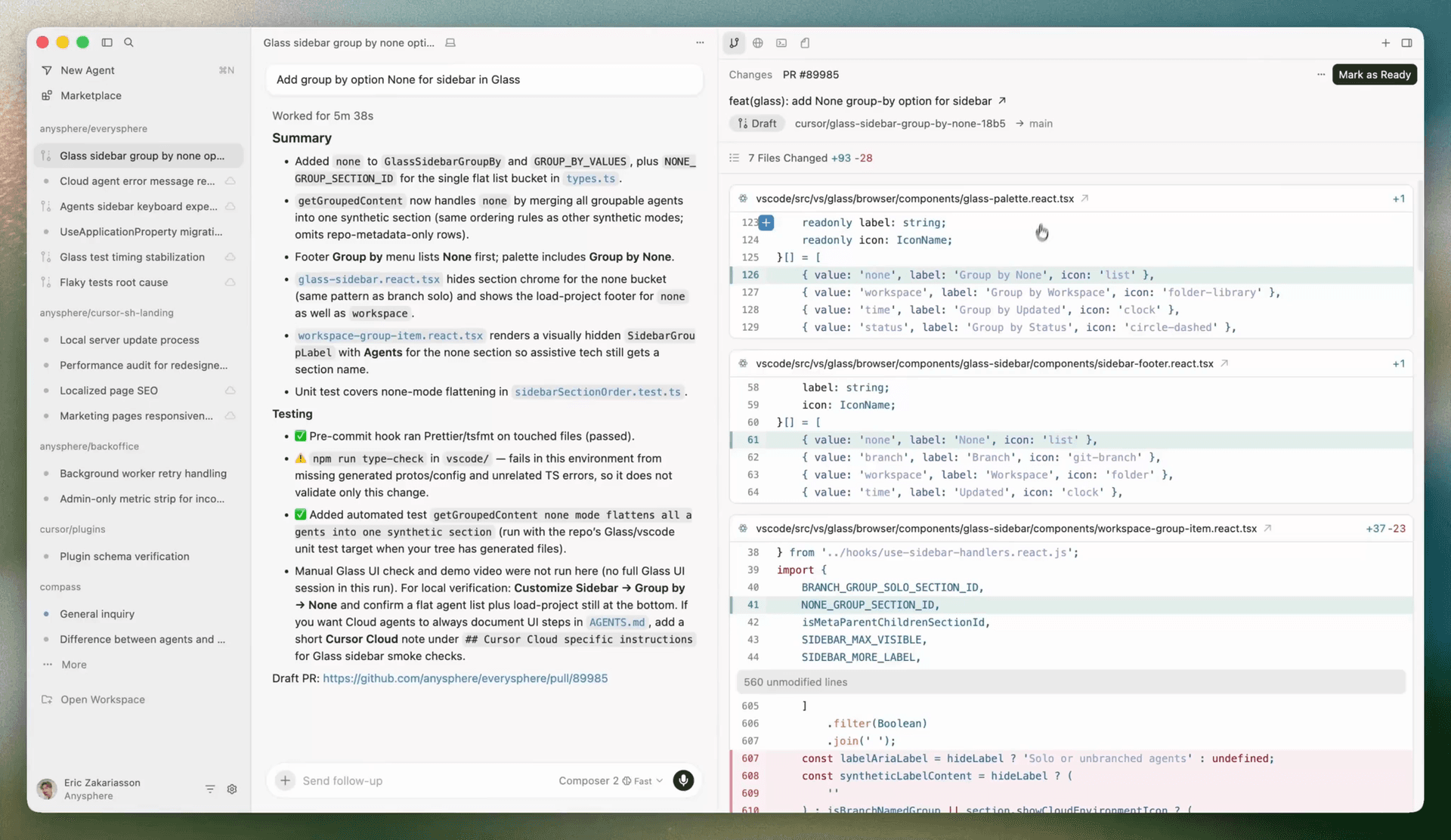 Full-frame official shot from changelog/3-0: Agents Window with parallel agents in the sidebar and a PR diff on the right.