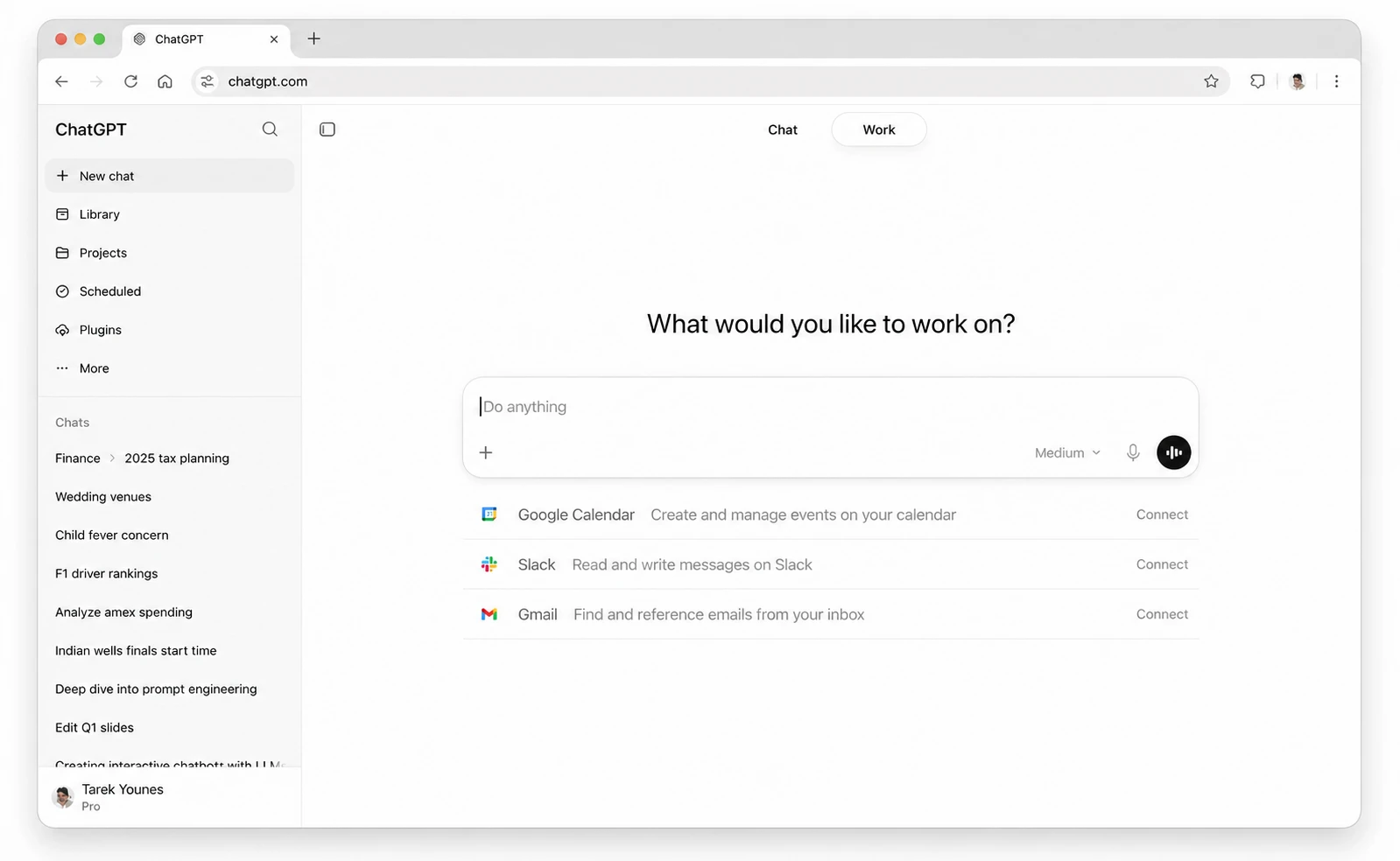 Official current ChatGPT Web docs screenshot with Work selected. Source-proof figure only: keep attribution and capture date; never use as an editorial cover or identity master.