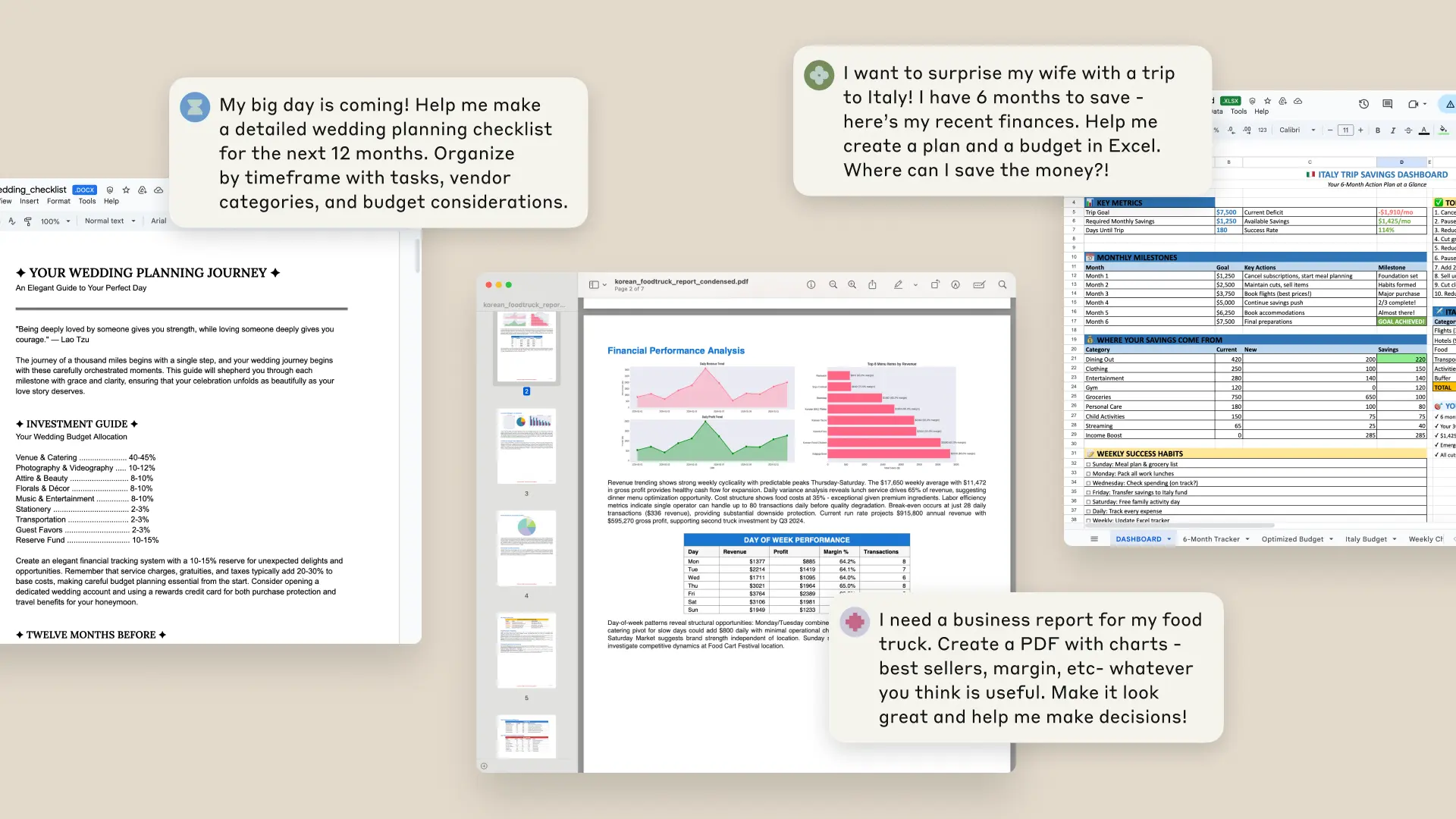 Картинка поста «Claude can now create and edit files» (claude.com/blog/create-files, 09.09.2025), залита как выдана, без кропа. Маркетинговый коллаж вендора на бежевом фоне: слева документ «Your wedding planning journey» с запросом про чек-лист свадьбы, в центре PDF «Financial Performance Analysis» с двумя графиками и таблицей «Day of week performance» и запрос «I need a business report for my food truck. Create a PDF with charts…», справа книга Excel «Italy trip savings dashboard» с запросом про бюджет поездки. Годится как результат анализа данных в чате: отчёт с графиками по таблице.