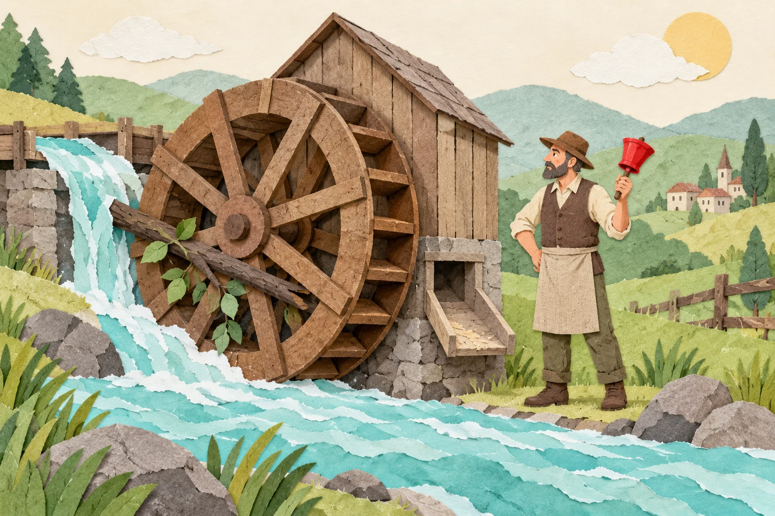 Бумажный коллаж: ветка заклинила колесо водяной мельницы, вода продолжает течь, а мельник смотрит на остановку с красным колокольчиком в руке
