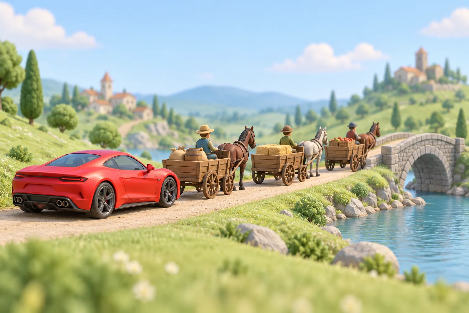Игрушечная 3D-сцена: красный спорткар стоит в хвосте очереди из трёх конных телег, которые ждут проезда по узкому однополосному каменному мосту через речку