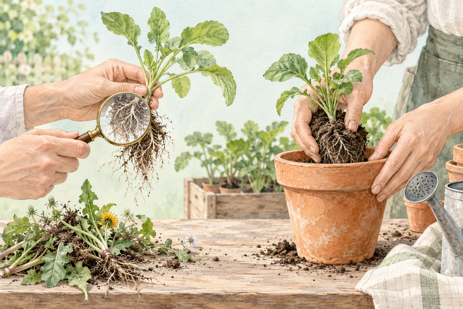 Ботаническая акварель: корни саженца проверяют через лупу, затем проверенный саженец переносят в горшок