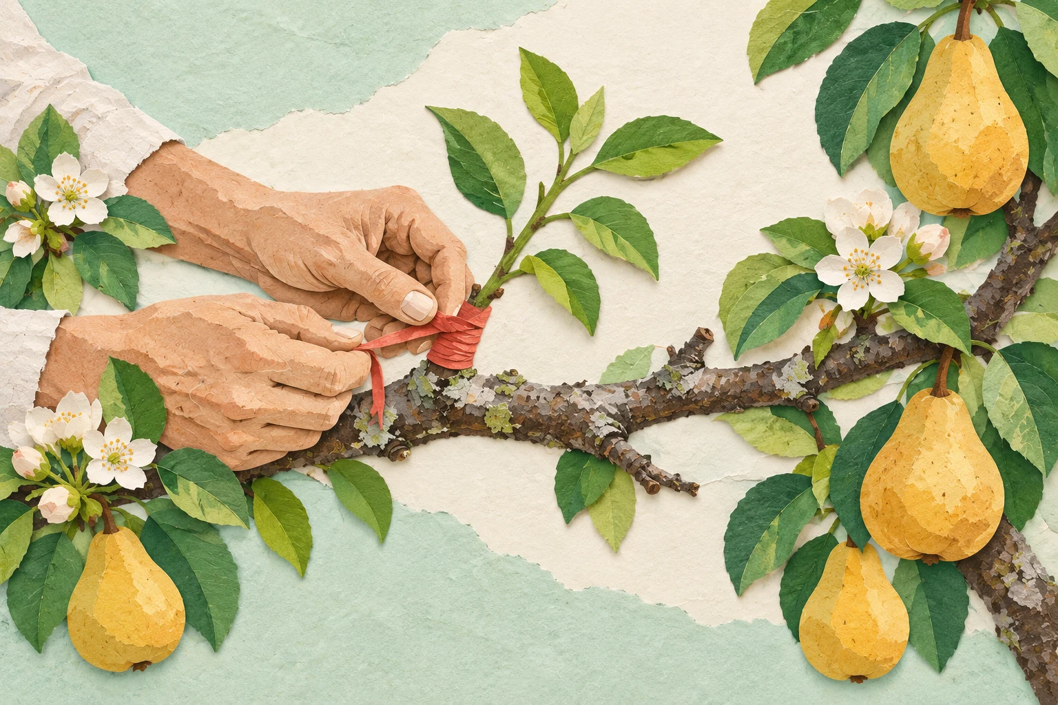 Бумажный коллаж: садовник прививает свежую зелёную ветвь к живому грушевому дереву, которое уже приносит плоды
